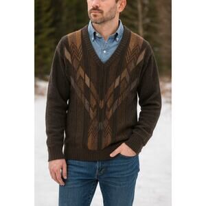 Cotton Traders VTG SZ XL Wool Blend Subtle Neutral V Neck 3D Print Sweater